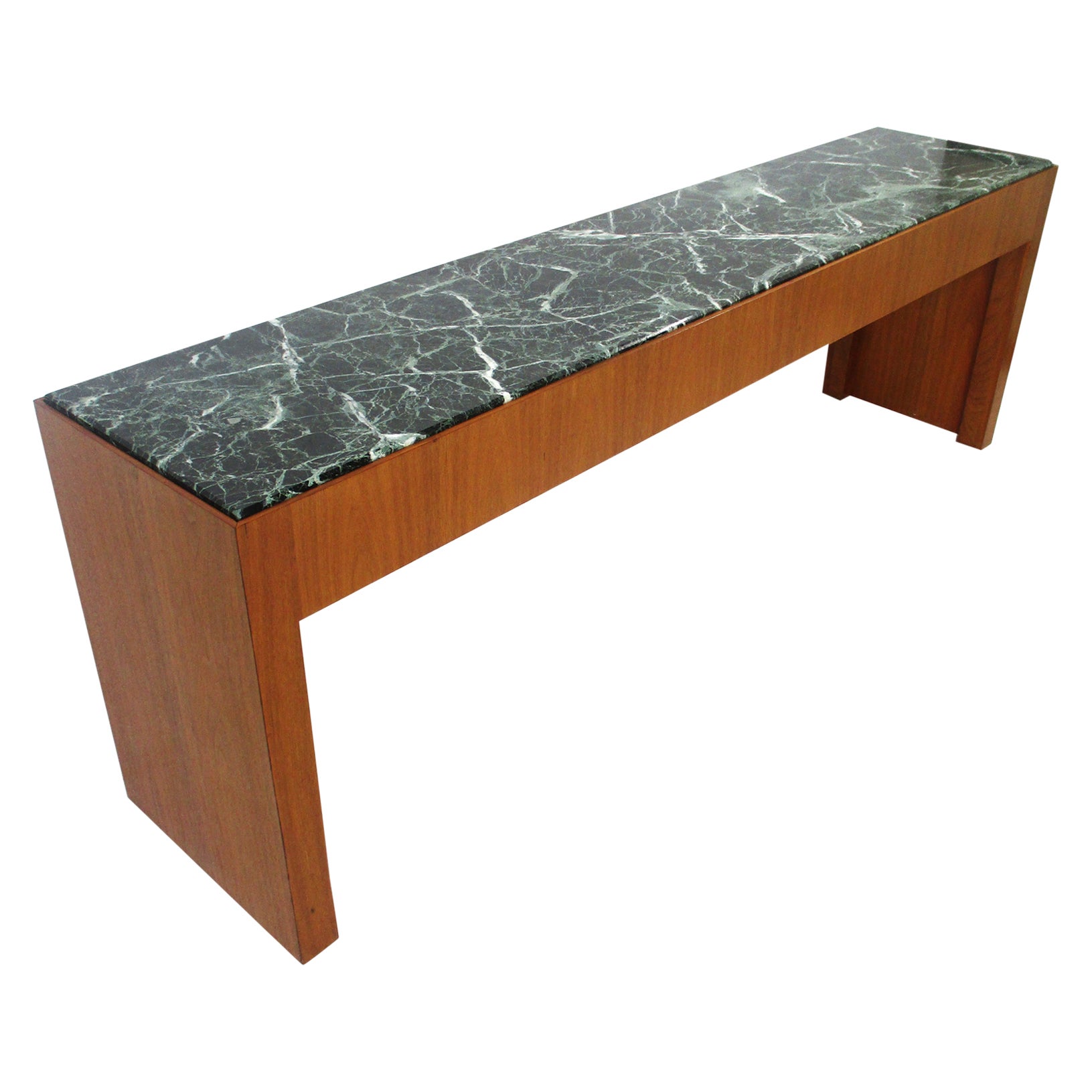 Mid Century Walnut and Dark Green Marble Console Table 