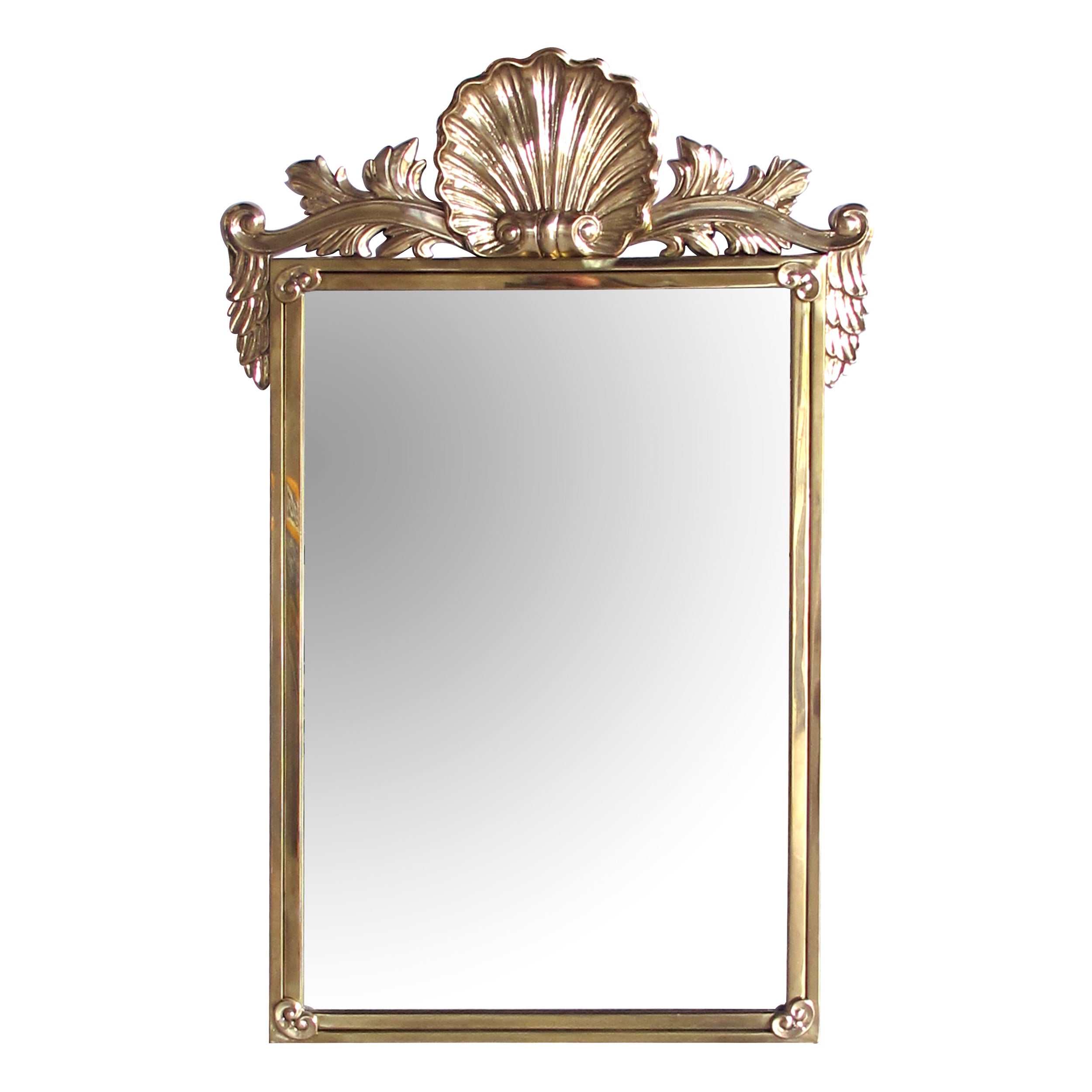 An Italian Hollywood Regency Solid Brass Mirror with Over-scaled Shell Crest For Sale