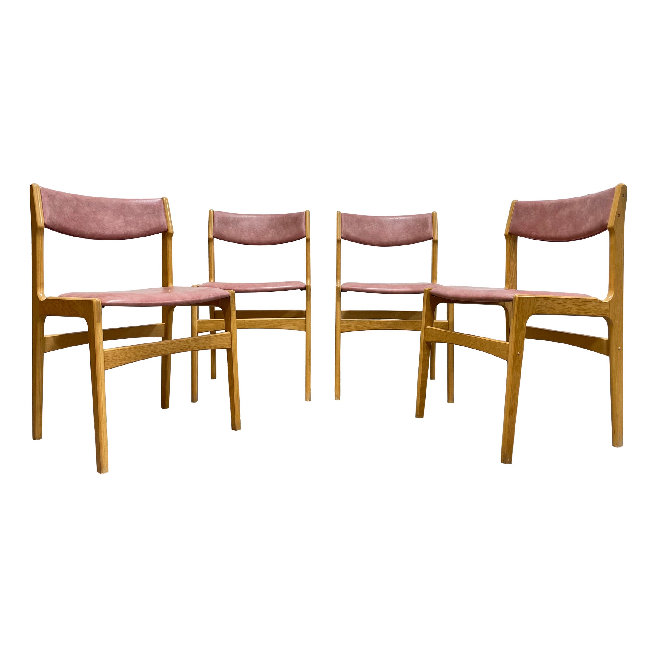 Mid Century MODERN Oak DINING CHAIRS Pink Upholstery, Set of 4 For Sale