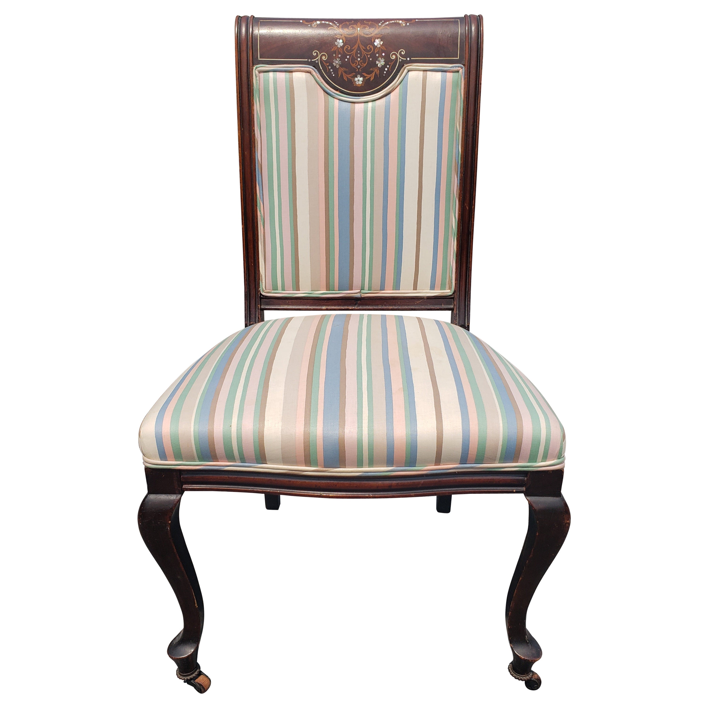 Edwardian Mahogany Mother-Of-Pearl And Satinwood Inlaid Upholstered Side Chair  For Sale