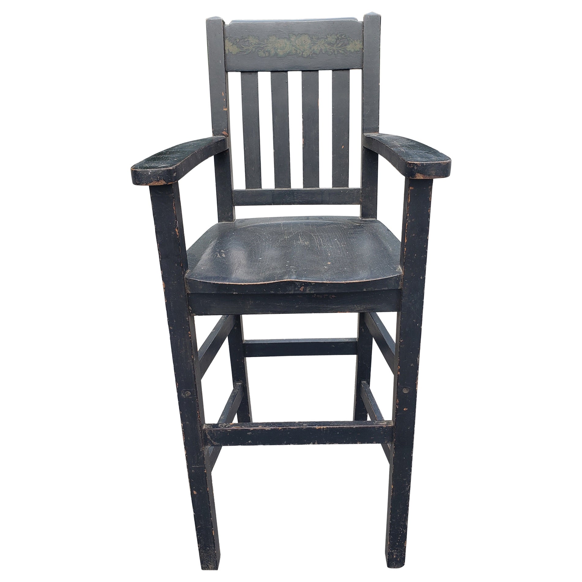 1900s Heywood Brothers and Wakefield Co Ebonized and Decorated Youth High Chair For Sale