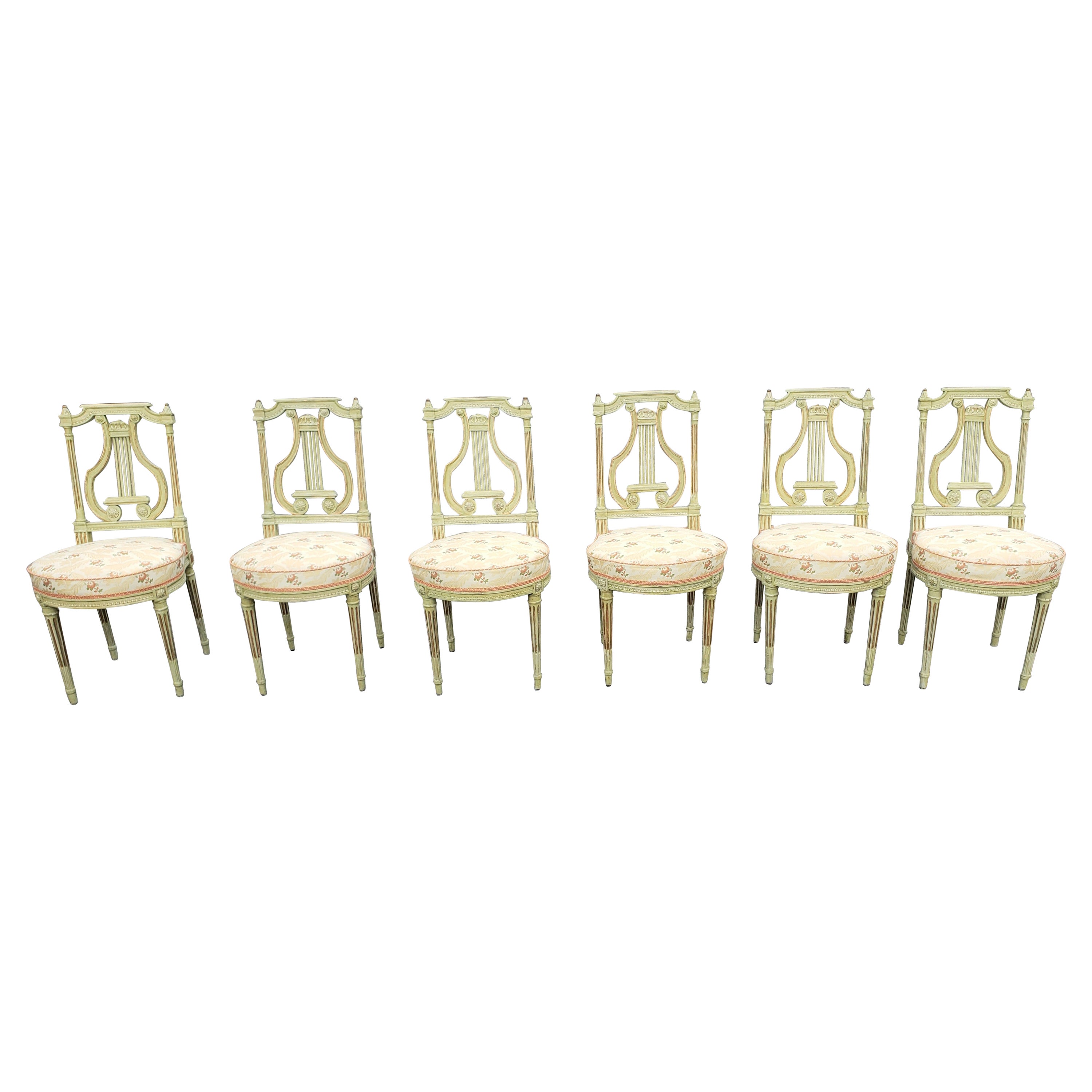 Set Of Six 19th Century Louis XVI Style Green Parcel Gilt Painted Dining Chairs