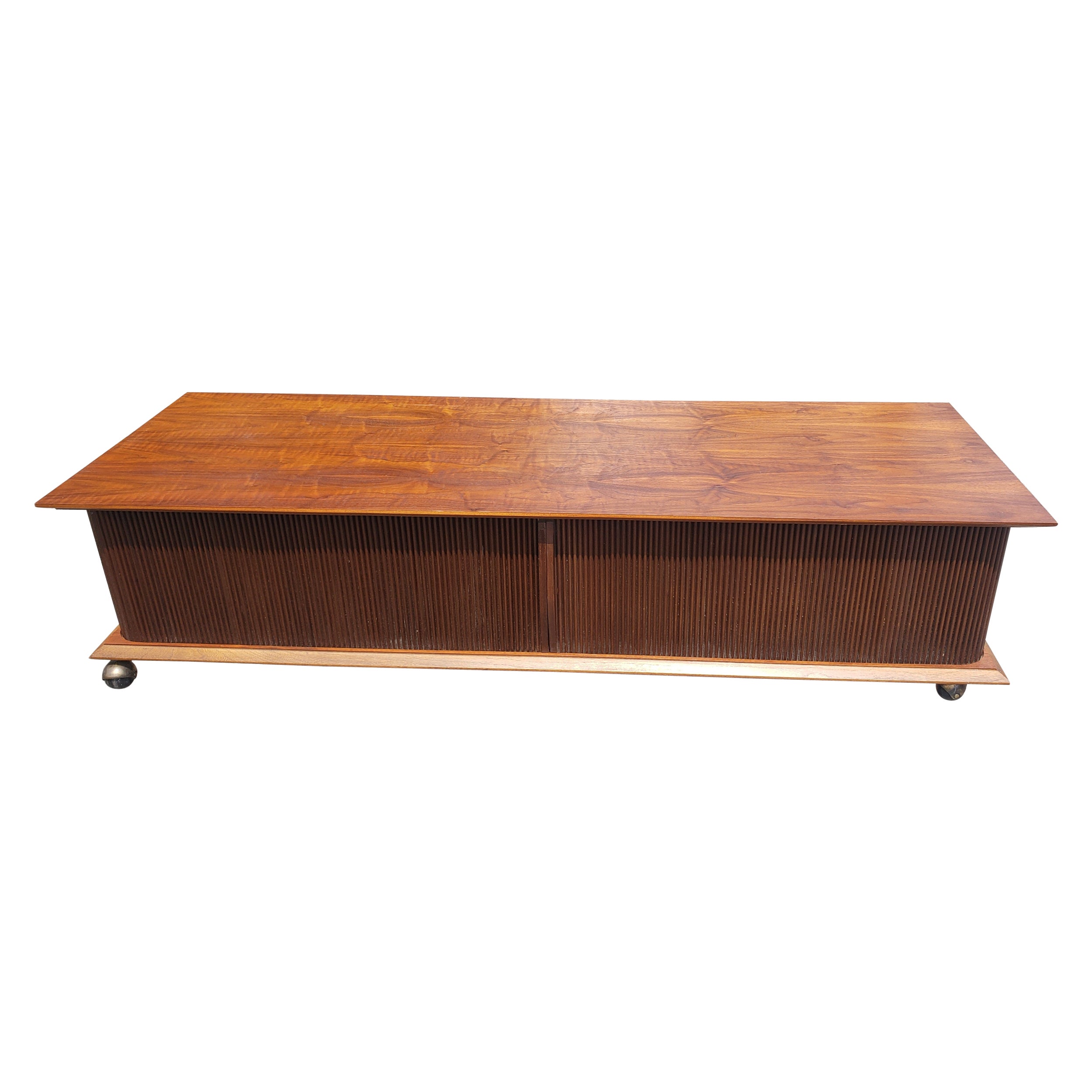 Lane Mid-Century Modern Style Teak And Tambour Door Base Rolling Coffee Table