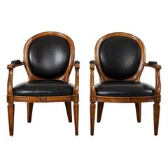 Pair of Neoclassical Style Black Leather Library Armchairs