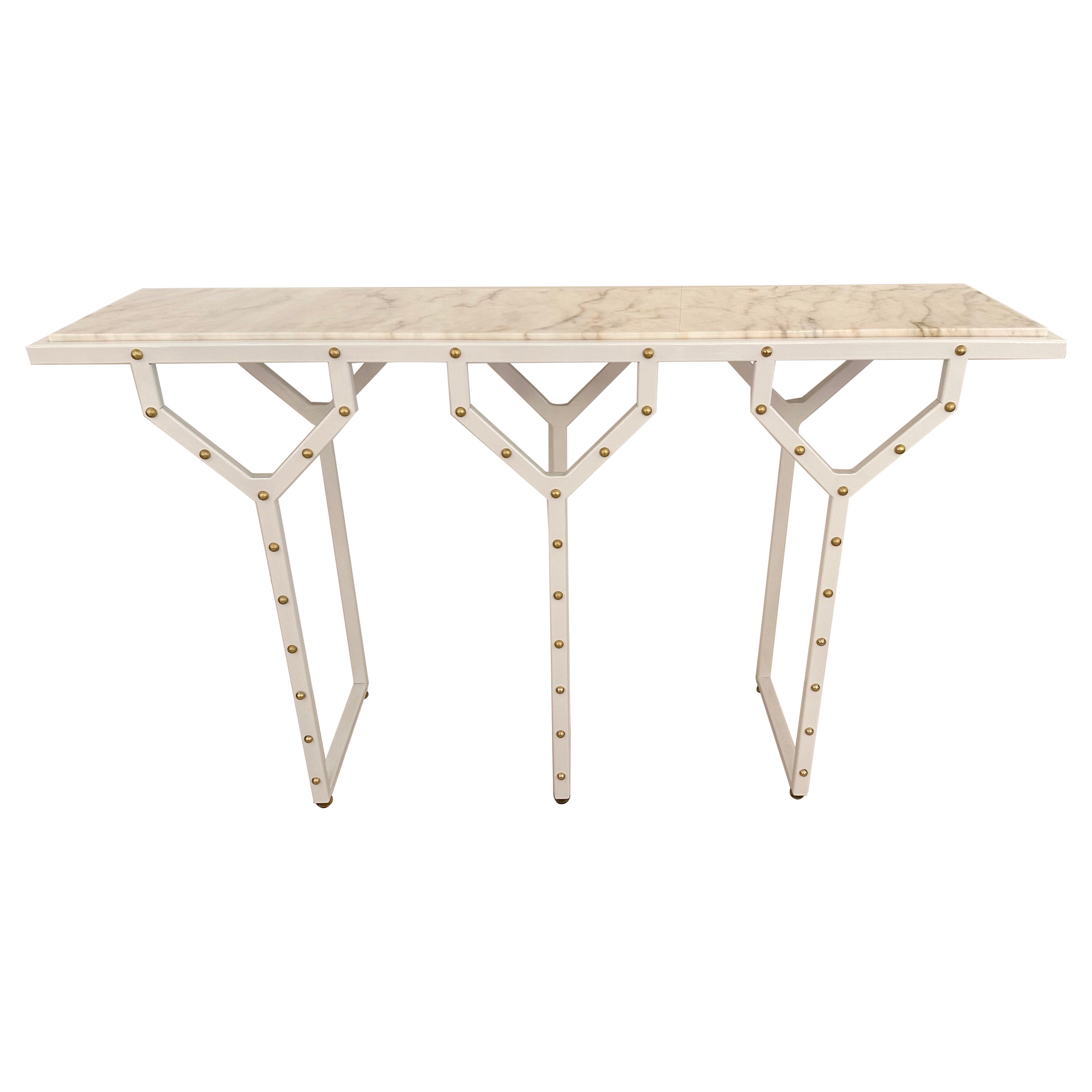 Contemporary Console Table Y White Lacquered Metal Brass and Marble. Italy For Sale