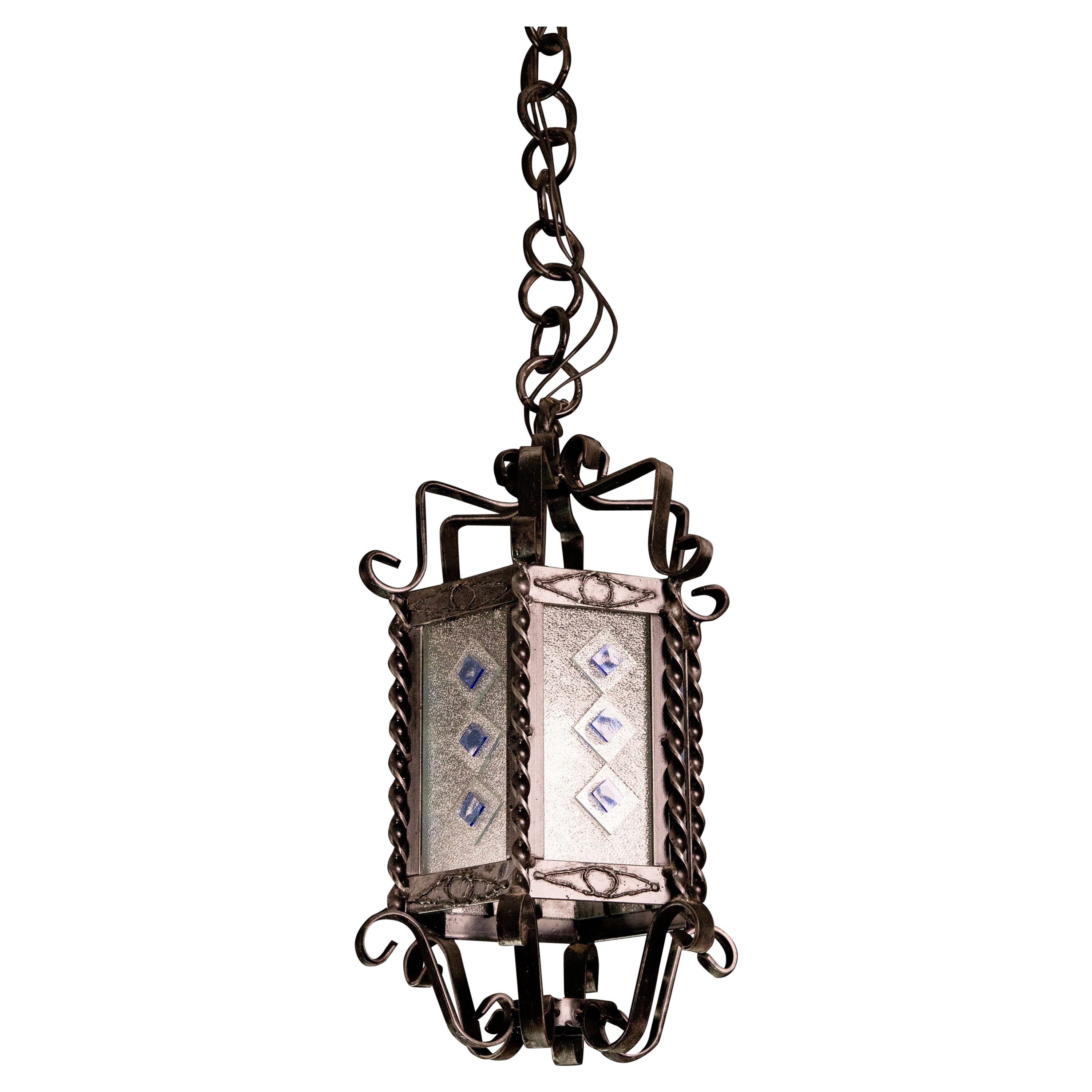 Vintage Italian Iron and Glass Lantern, 1960s For Sale