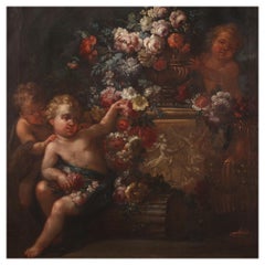 19th Century Oil on Canvas Antique Italian Still Life And Cherubs Painting, 1780