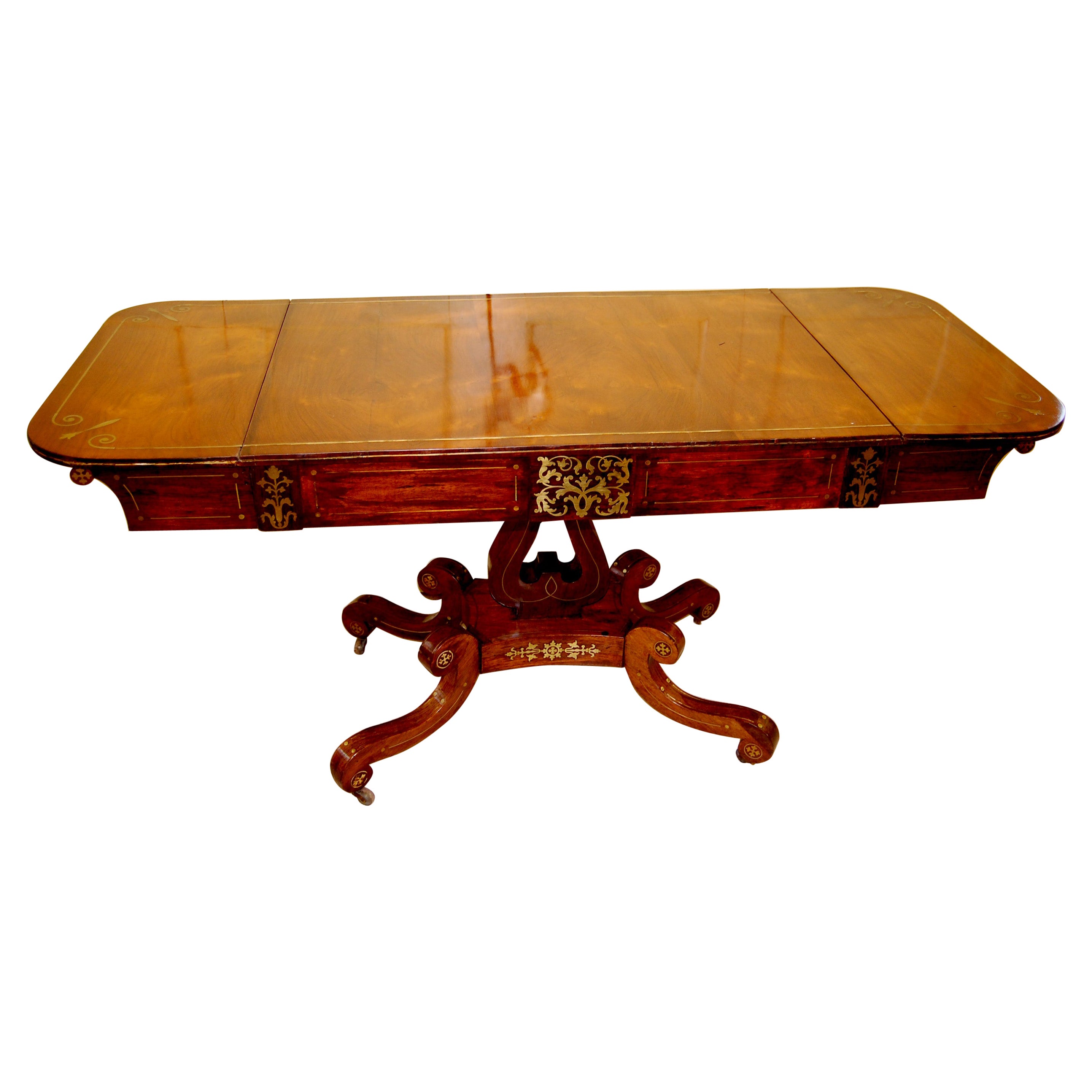 English Regency Period Sofa Table in Rosewood, Brass Inlay, Lyre Pedestal Base