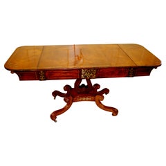 English Regency Period Sofa Table in Rosewood, Brass Inlay, Lyre Pedestal Base