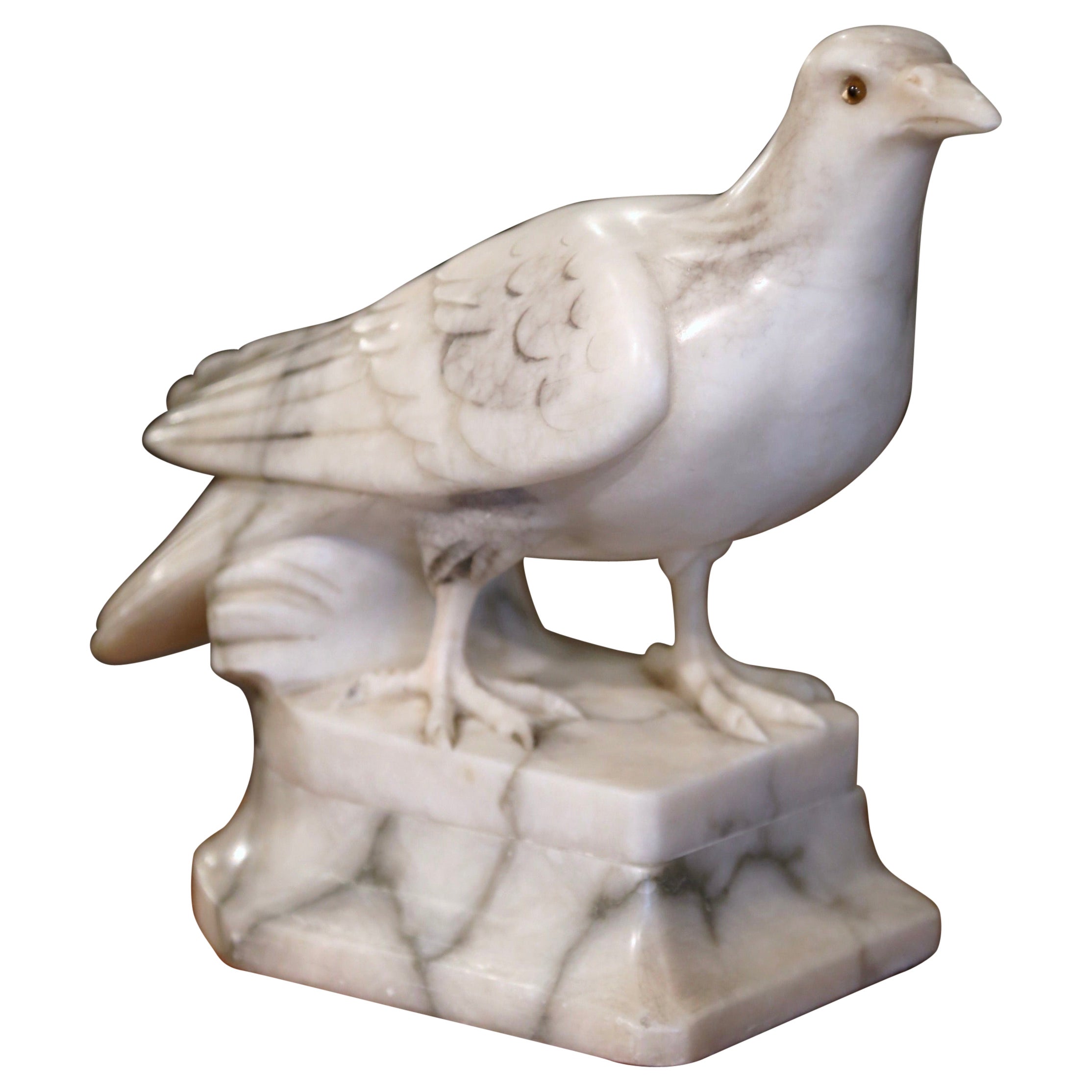 19th Century French Carved Marble Dove Sculpture with Glass Eyes Signed Torrini For Sale