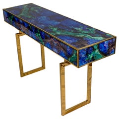 Table console de style mi-siècle en laiton et verre de Murano de couleur lapis-lazuli 