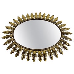  Sunburst Wall Mirror in Solid Acanthus Leaf Metal Frame, Belgium, 1970s