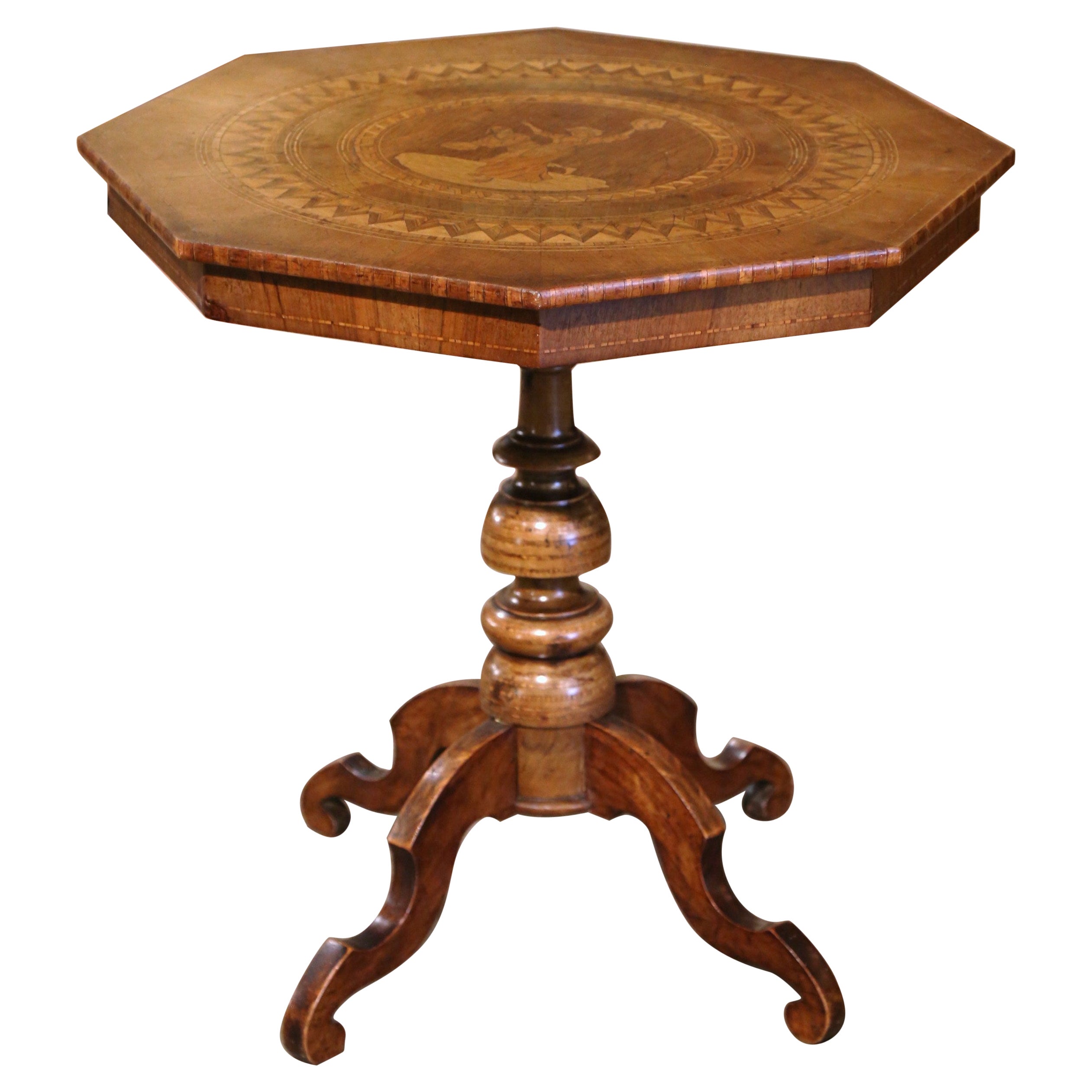 19th Century French Octagonal Carved Walnut Inlaid Pedestal Gueridon Table For Sale