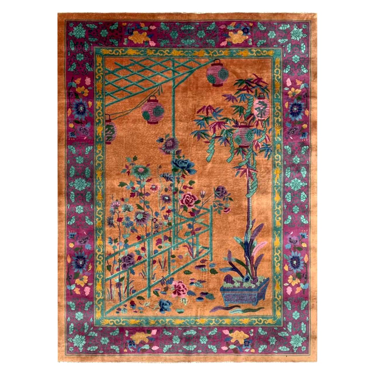 Antique Art Deco Chinese Oriental Rug, wonderful Gold 8'9" x 11'8" #17432 For Sale
