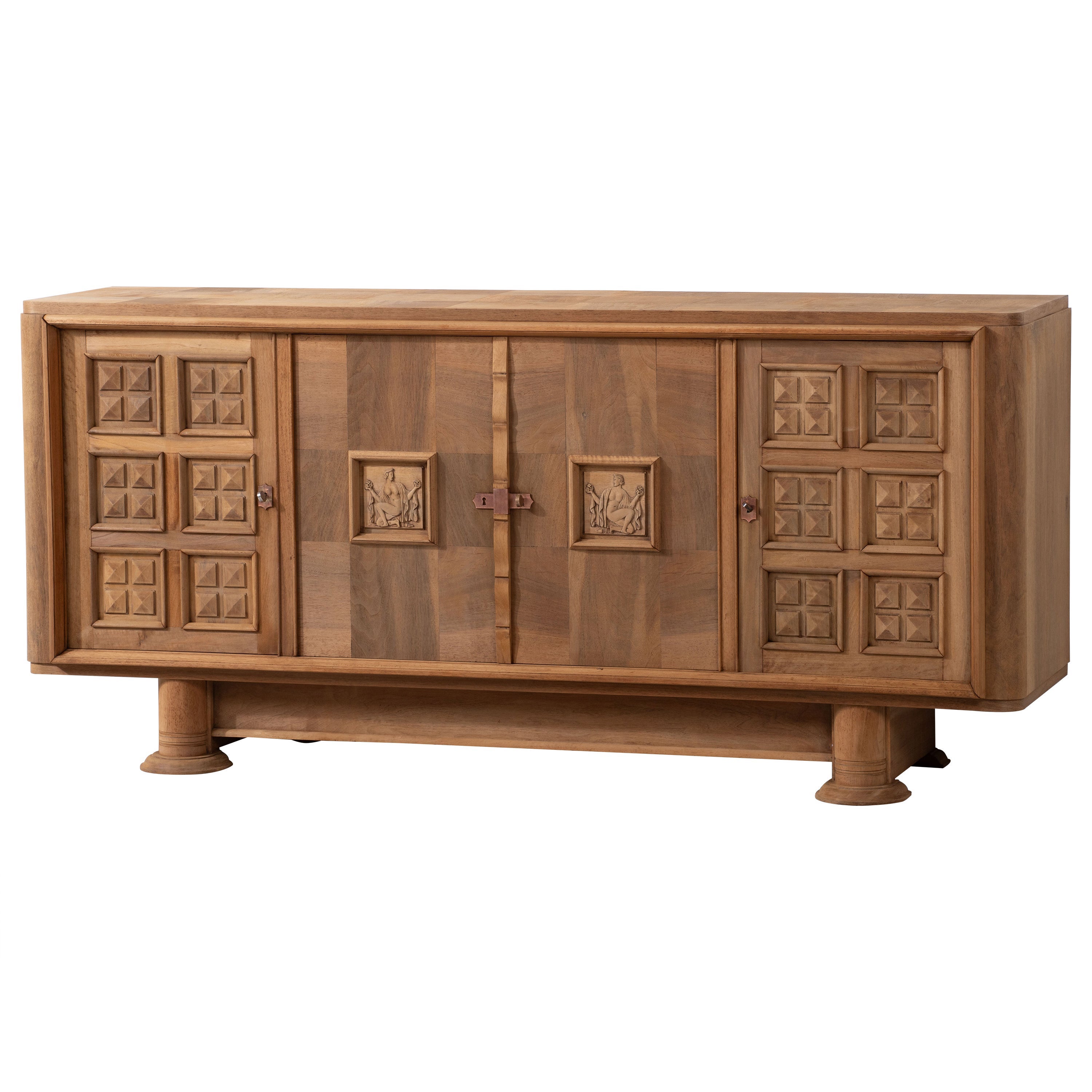 Art Deco Oak Sideboard with Handcarved Doors, France, 1940s For Sale