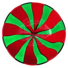Murano Red Green Stripes Italian Art Glass Thin Decorative Vide Poche Dish Bowl