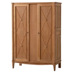 Midcentury French Croisillon-Patterned Natural Oak Armoire