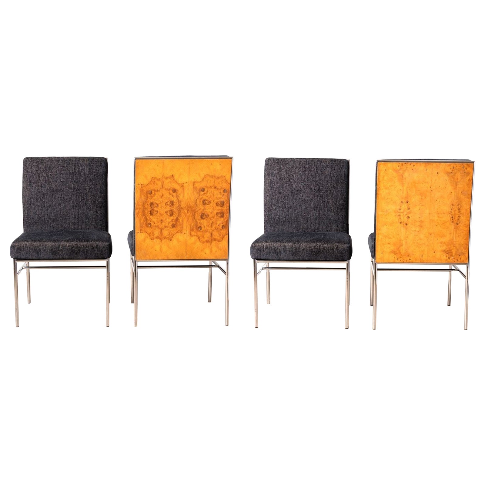 Milo Baughman Dining Chairs for Thayer Coggin in Olive Burlwood Set of Four 1970 For Sale