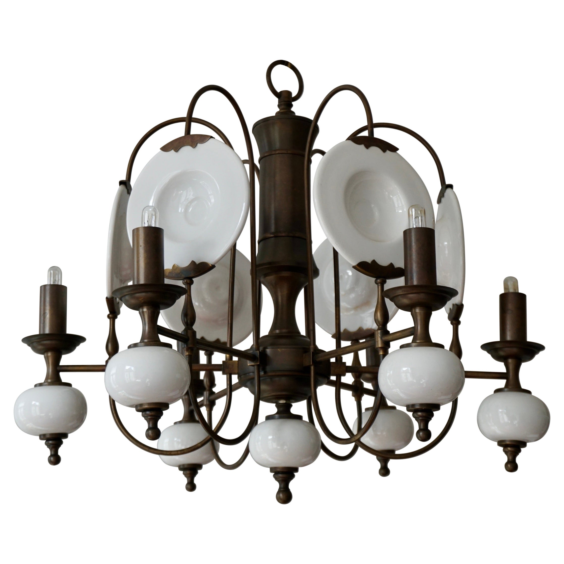 Chandelier in Brass and White Porcelain