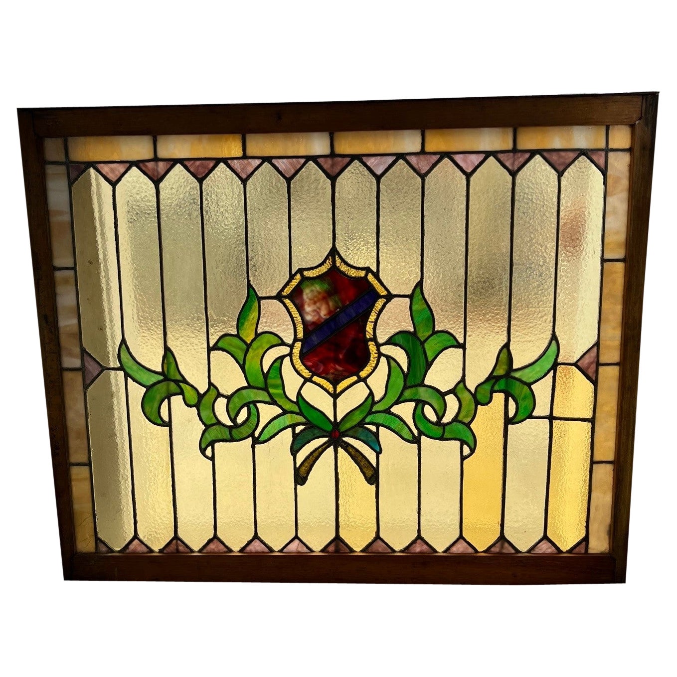 Early 20th Century Antique Stained Glass Window in a Wood Frame  For Sale