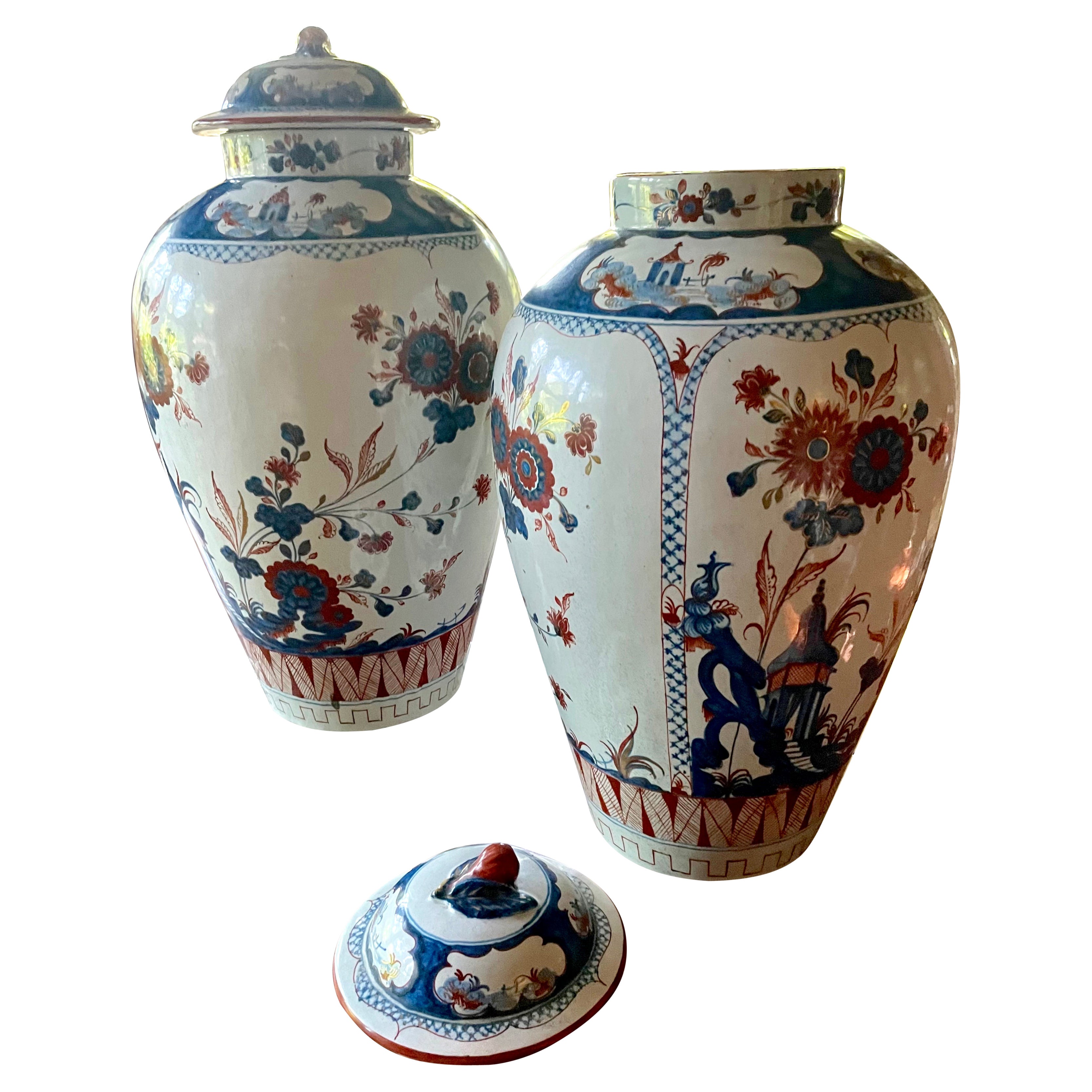 Pair Blue and White Chinoserie Faiance Vases.  For Sale