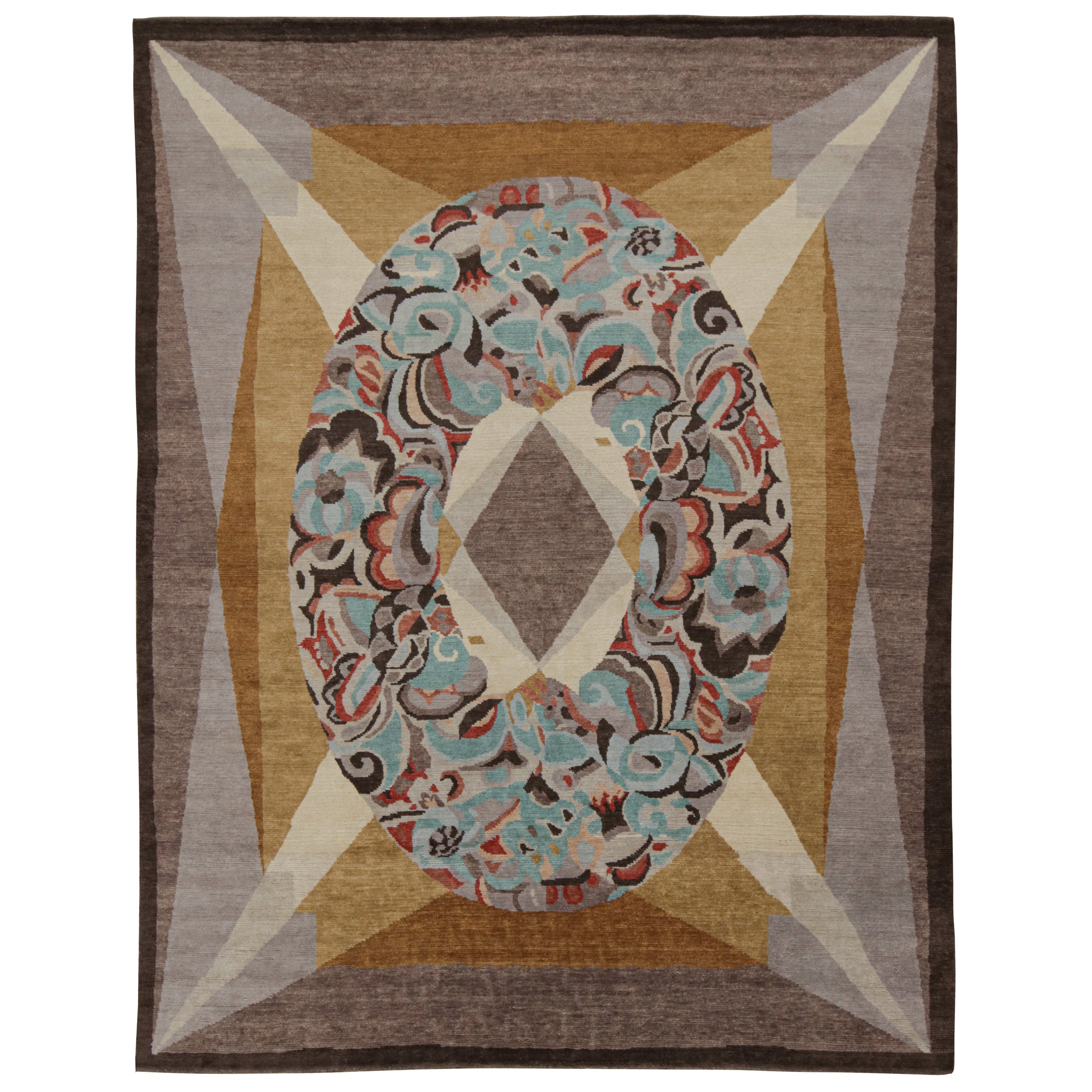 Rug & Kilim's French Art Deco Rug in Brown with Blue Medallion Pattern  en vente