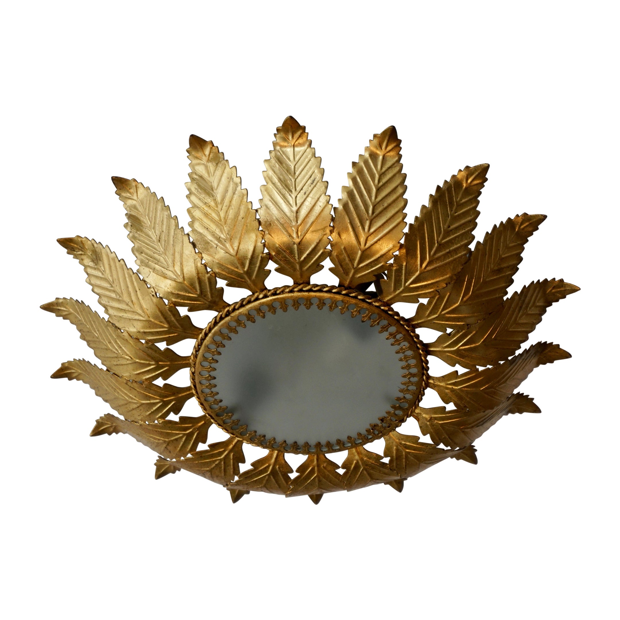 Mid Century Flush Mount Sun Covered with Gilt Leaf For Sale