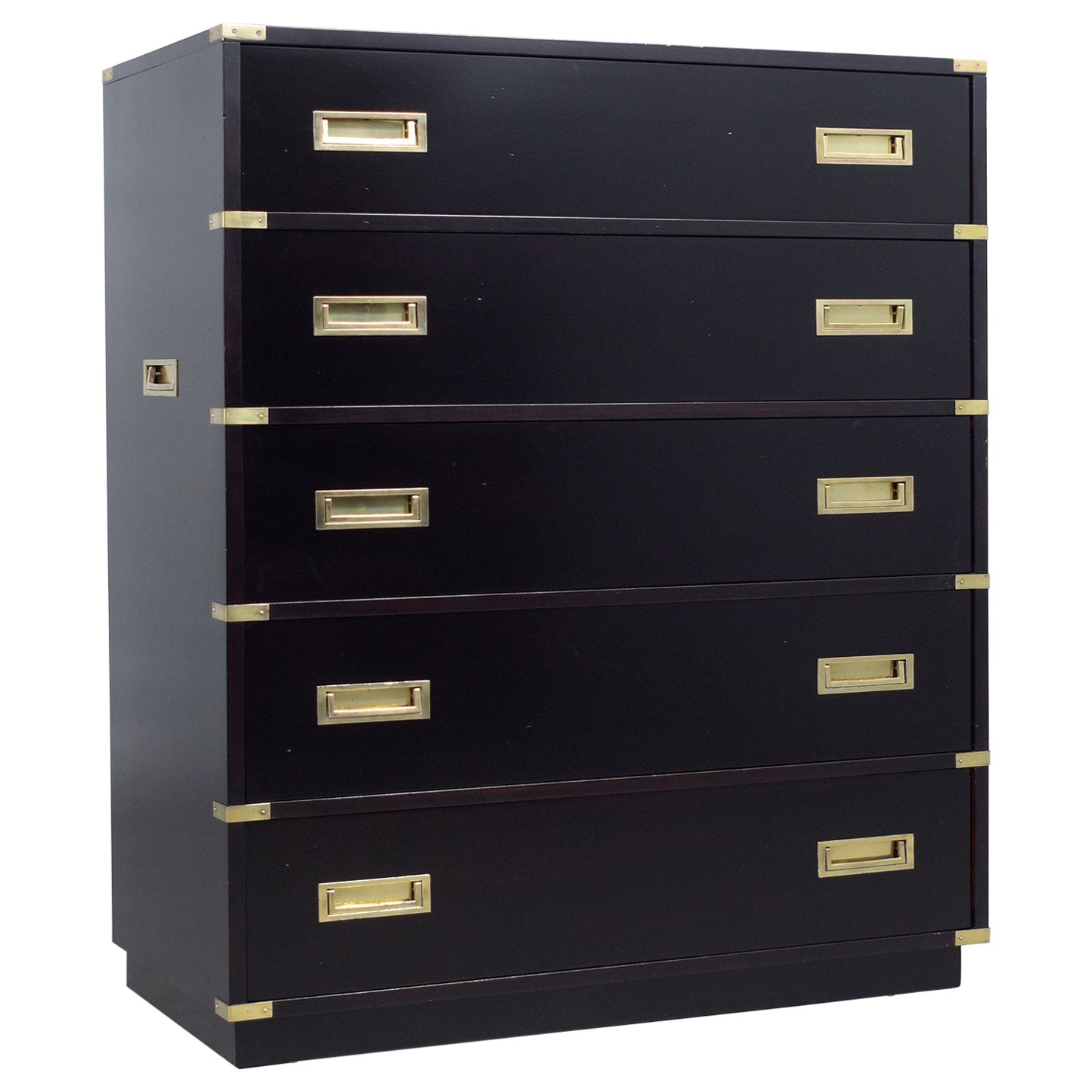 Restored Ebonized Mid-Century Mahogany Campaign Tall Chest with Brass Accents