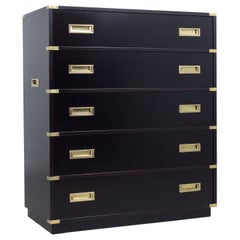 Mid-Century Campaign Tall Chest: Ebonized Mahogany with Brass Accents