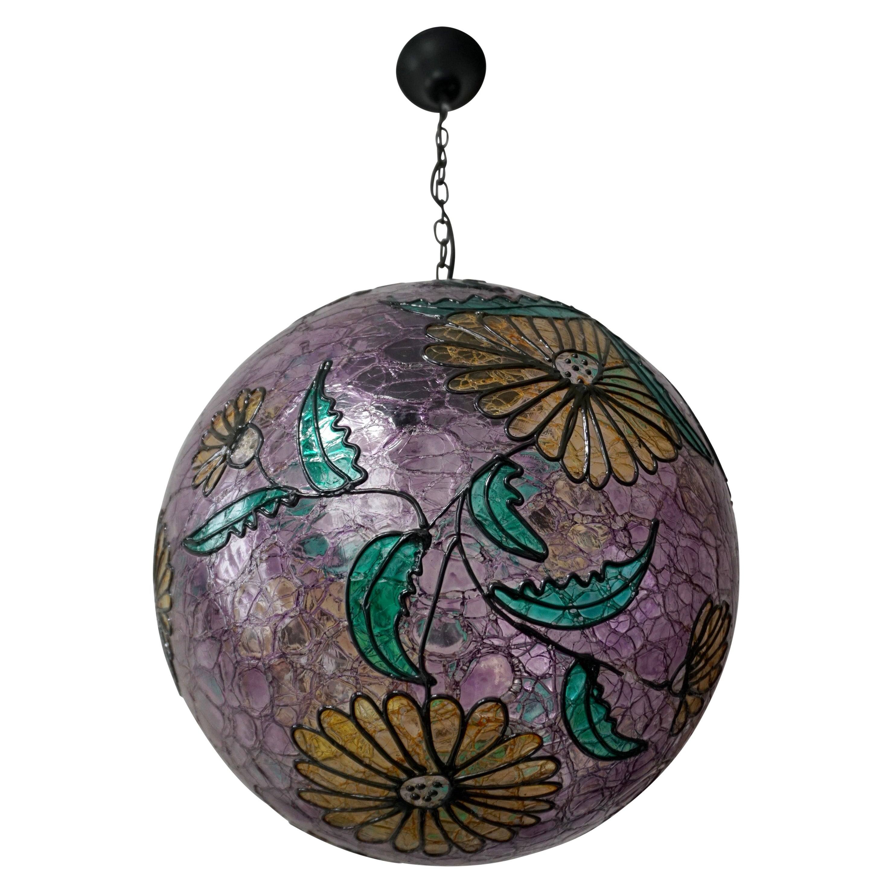 Multi-Color Floral Murano Glass Globe Pendant For Sale