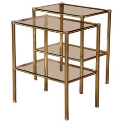 Pair of Mid-Century French Brass and Tainted Glass Two-Tear Side Tables