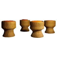 Set of 4, 1960s Eero Aarnio Juttu Stools / tables WIcker Bamboo mid century