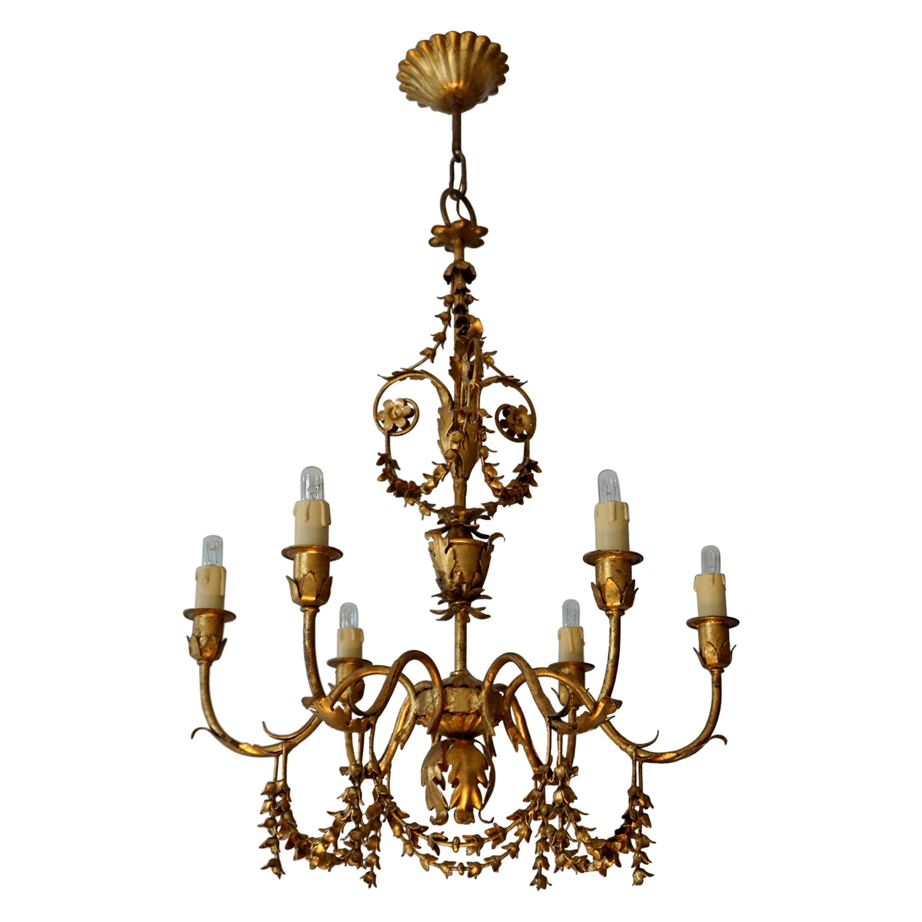 Midcentury Gilt Metal Palm Leave Chandelier