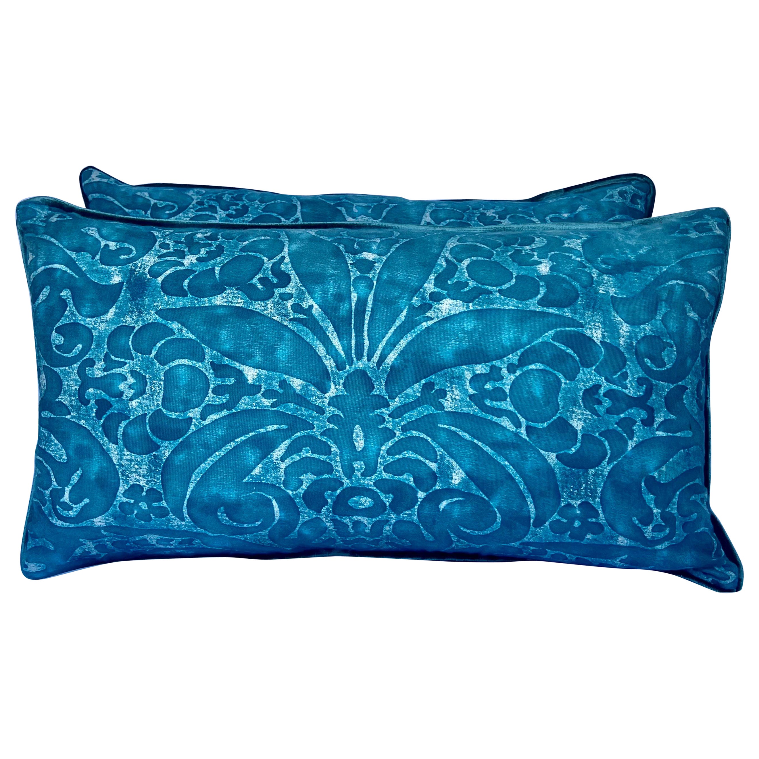 Pair of Blue Fortuny Pillows w/ Velvet Backs For Sale