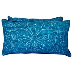 Vintage Pair of Blue Fortuny Pillows w/ Velvet Backs