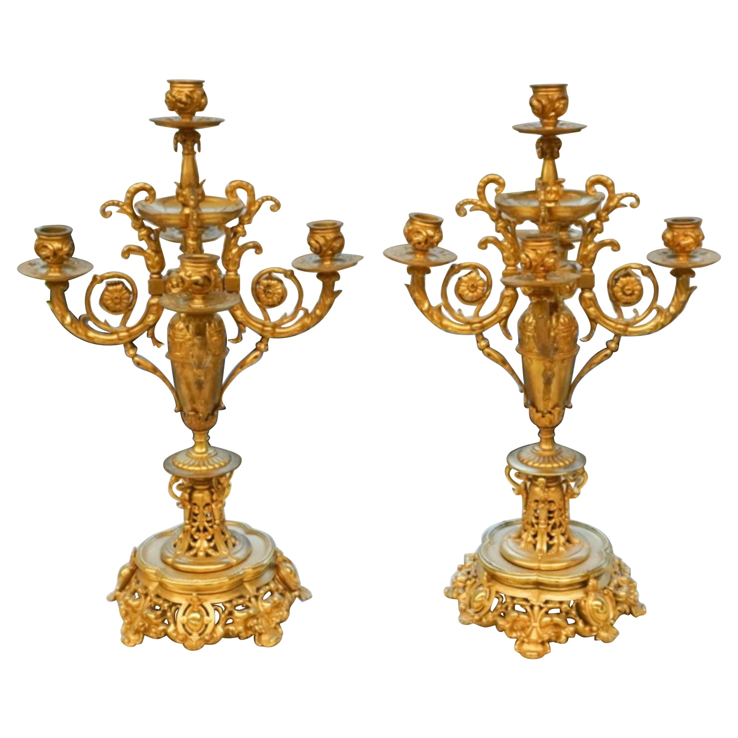 Pair Of Louis XV Style Ormolu Five-Light Candelabras, 20th Century For Sale