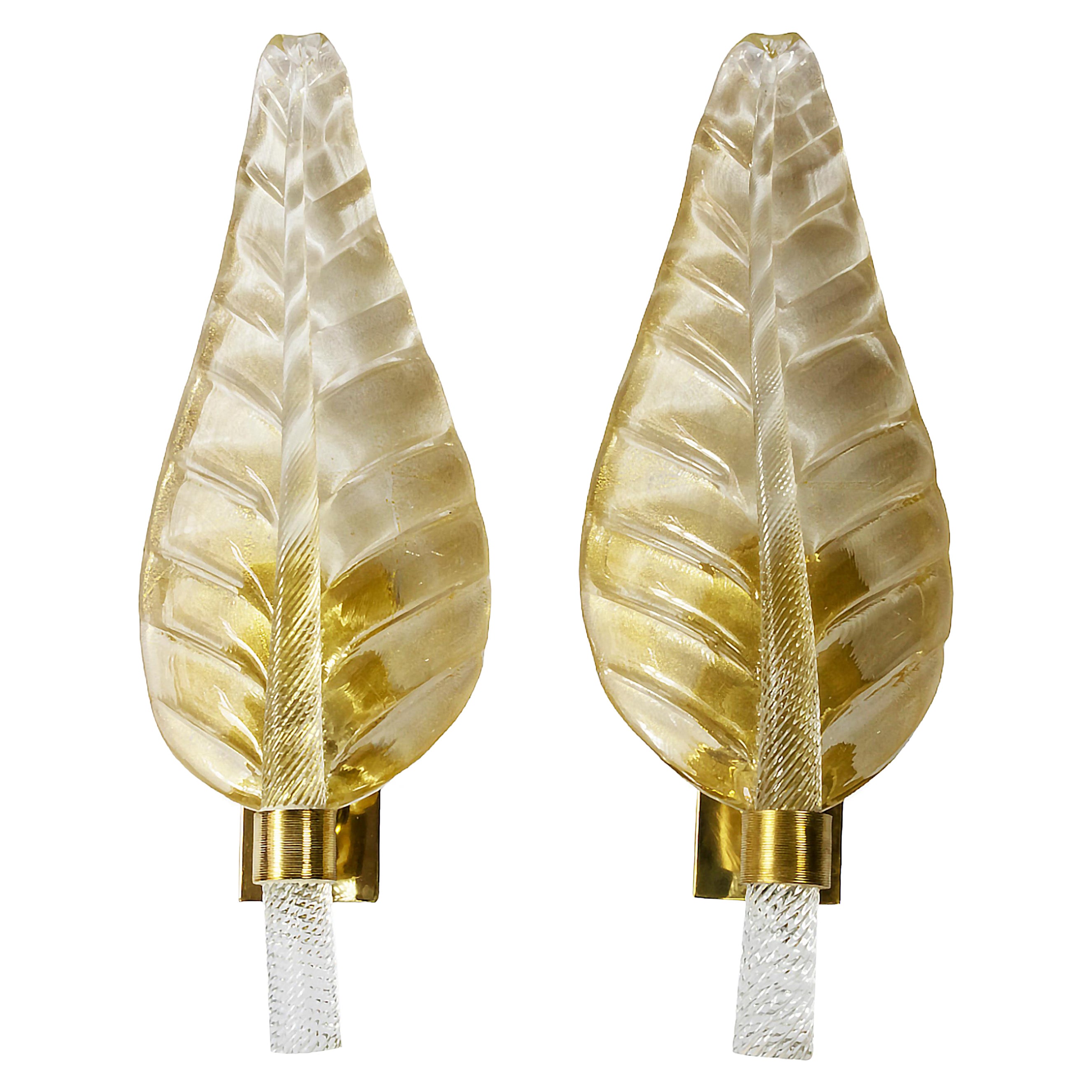 Pair of Large Vintage Italian Leaf Form Murano Glass / Brass Wall Light Sconces For Sale