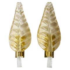Pair of Large Vintage Italian Leaf Form Murano Glass / Brass Wall Light Sconces