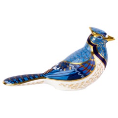 English Royal Crown Derby 24K Gold Porcelain Desk Paperweight Blue Jay Bird