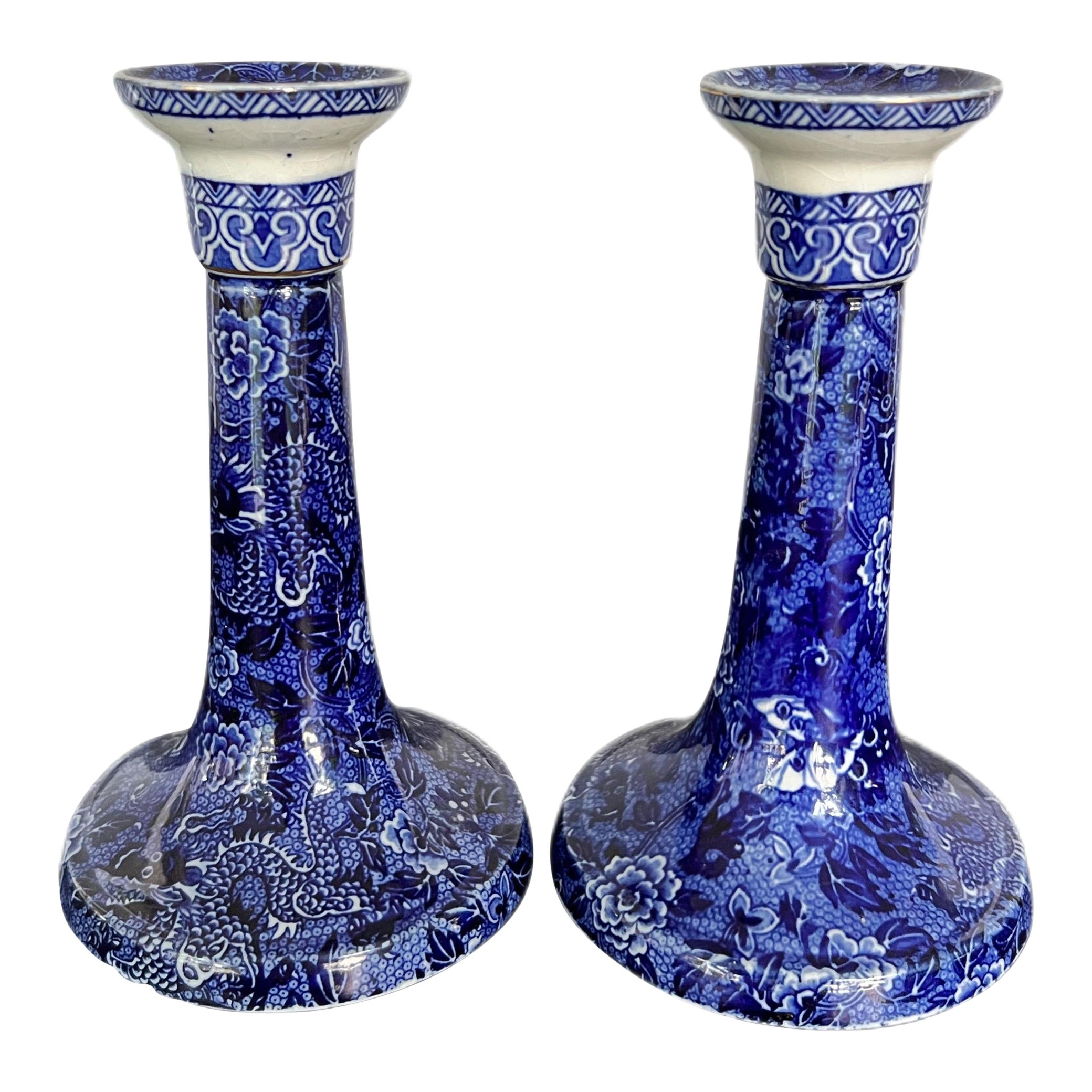 Vintage Pair Blue and White Porcelain Candlesticks made by Shelly/England  For Sale