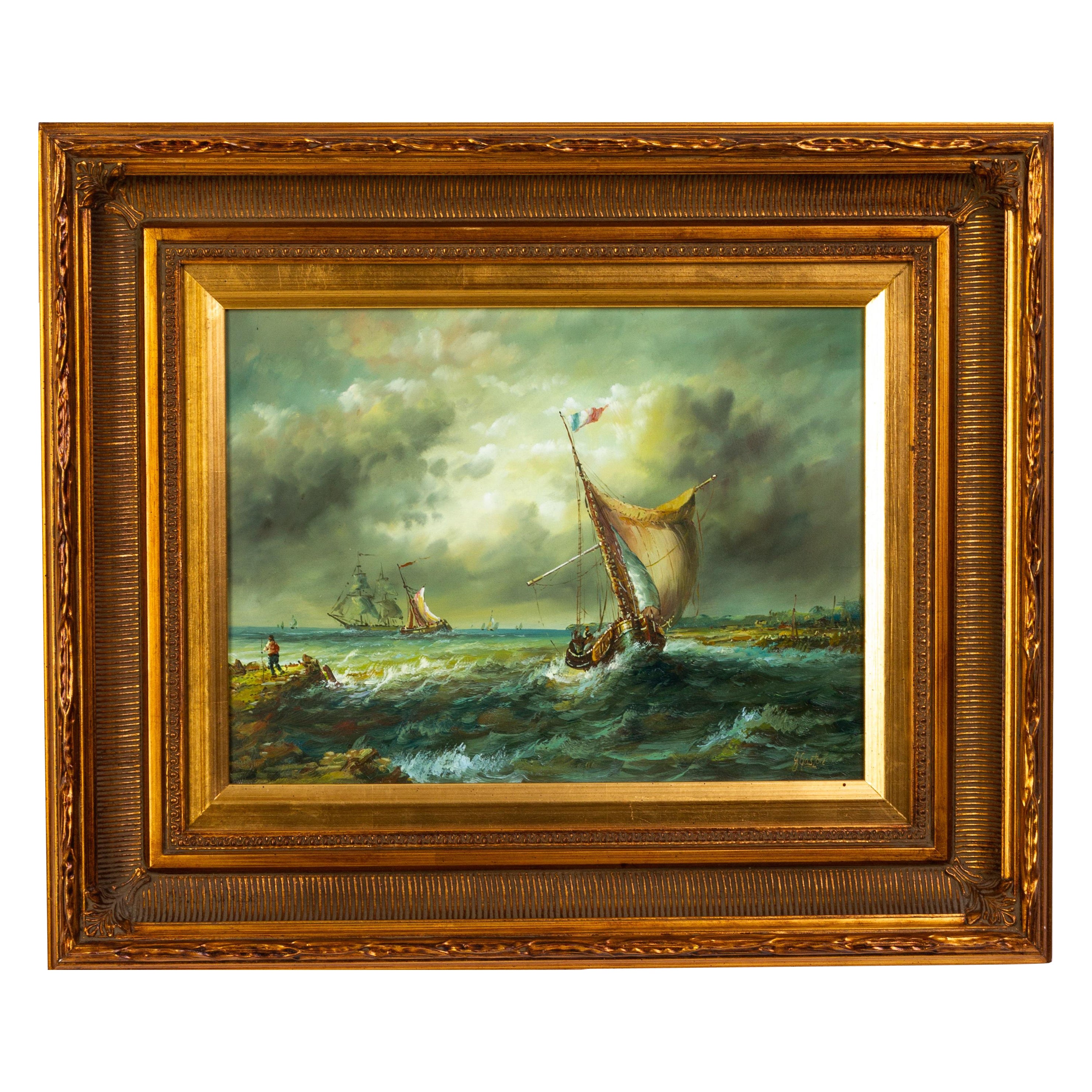 G Gaston Signed French Nautical Maritime Sea Ship Tempest Oil Painting on Panel 