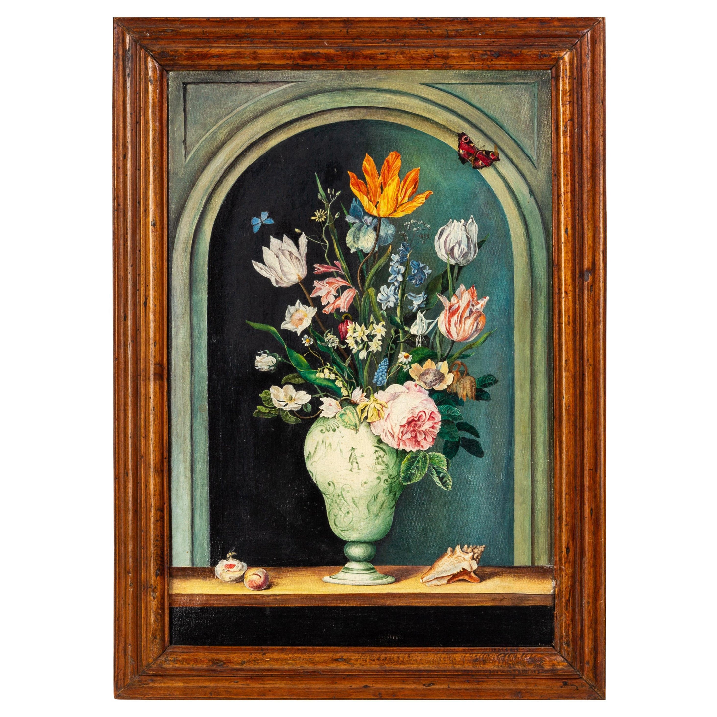 Victorian Still Life Flowers After the Old Masters Oleograph Print 19th Century For Sale