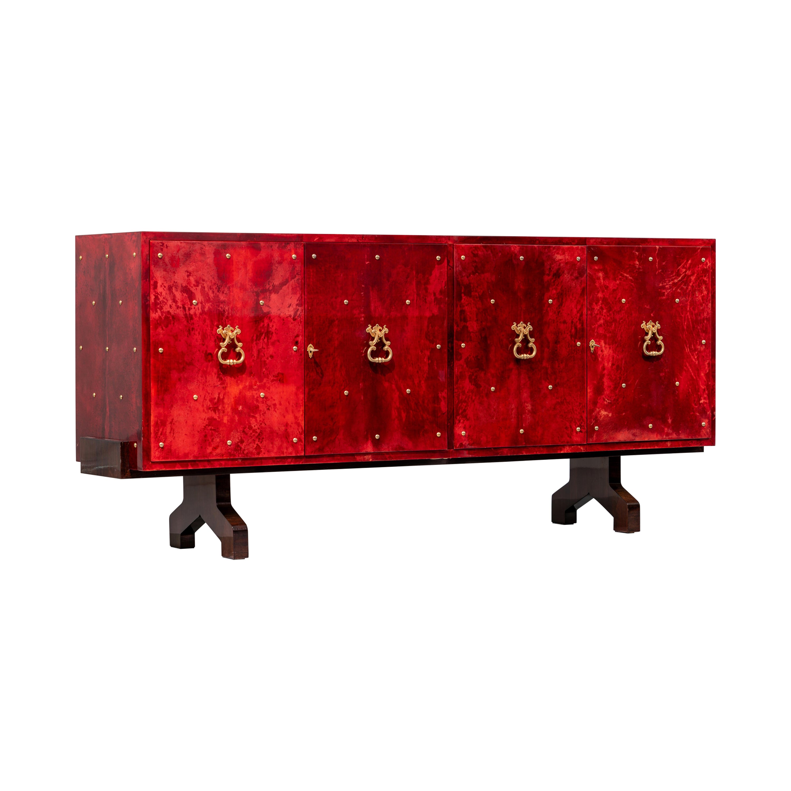 Aldo Tura Sideboard Red Goatskin Highboard Brass Details Hollywood Regency Italy