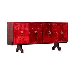 Aldo Tura - Sideboard in red Goatskin with Brass Details - Hollywood Regency