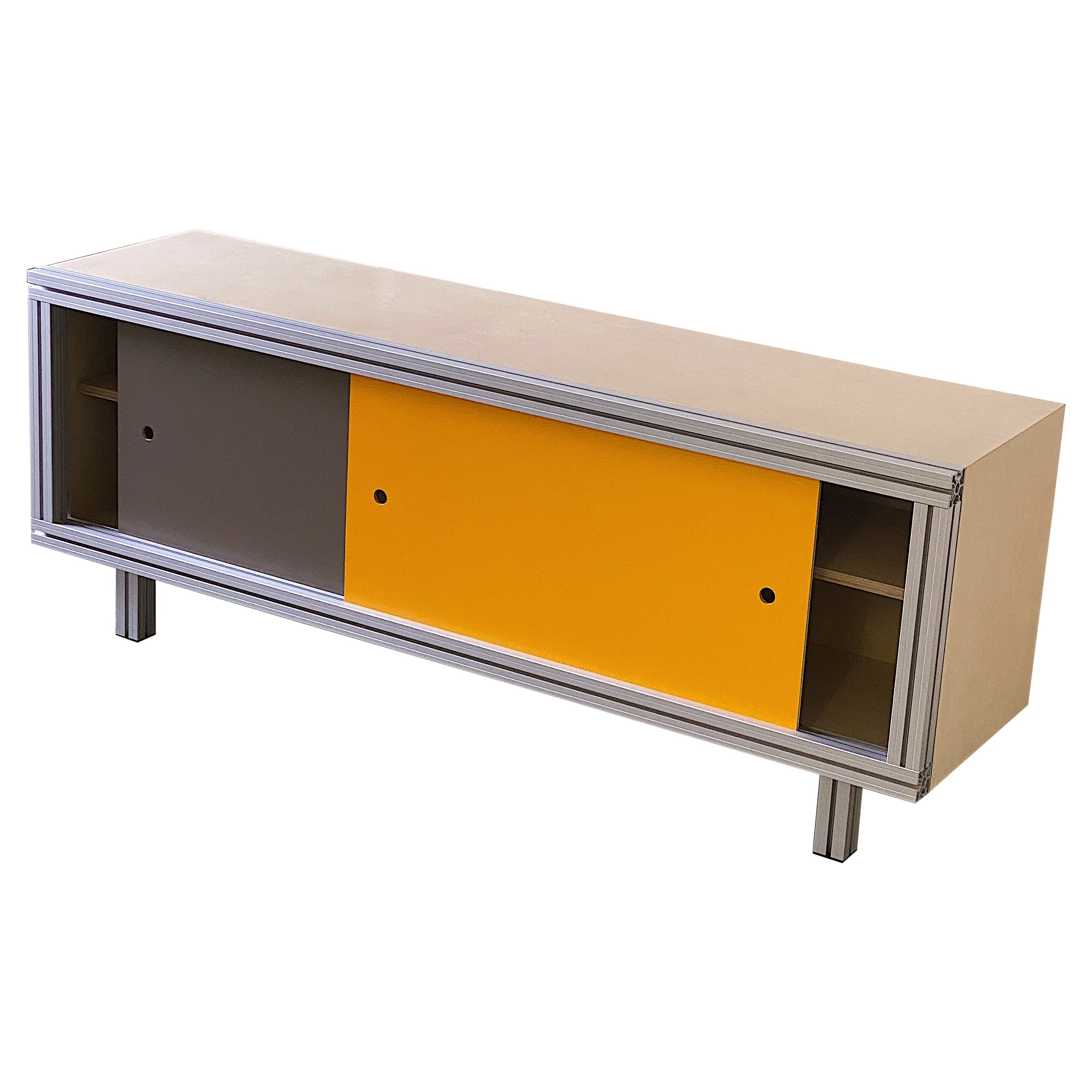 Anrichte / Sideboard aus grauem, eloxiertem Aluminium, Formica und Birke im Angebot