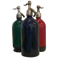 Retro 20th Century Argentinian Green, Red and Blue Seltzer Bottles