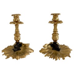French Gilt Bronze Grotto Candlestick Holders, a Pair