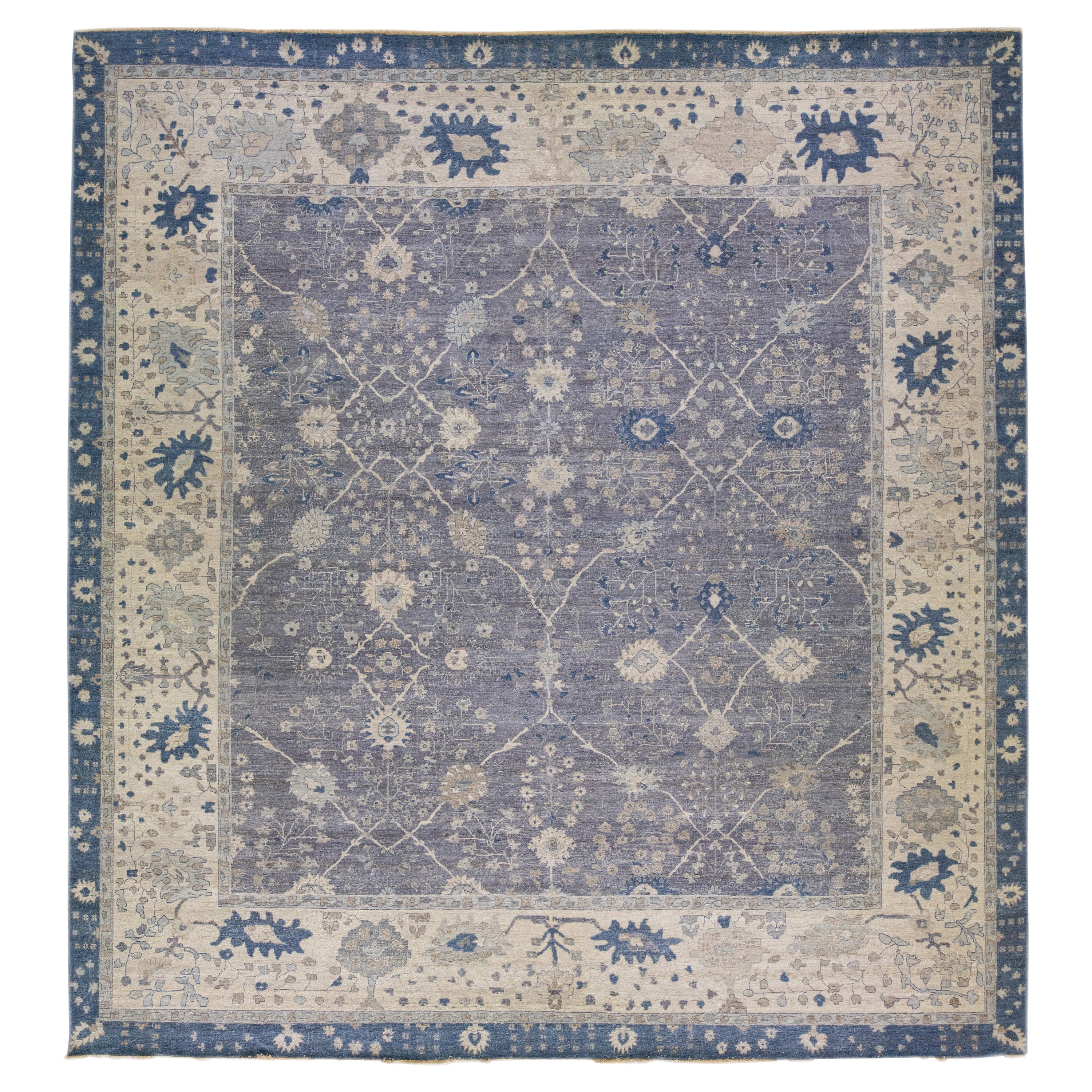Modern Indian Mahal Square Wool Rug in Gray With Floral Motif by Apadana