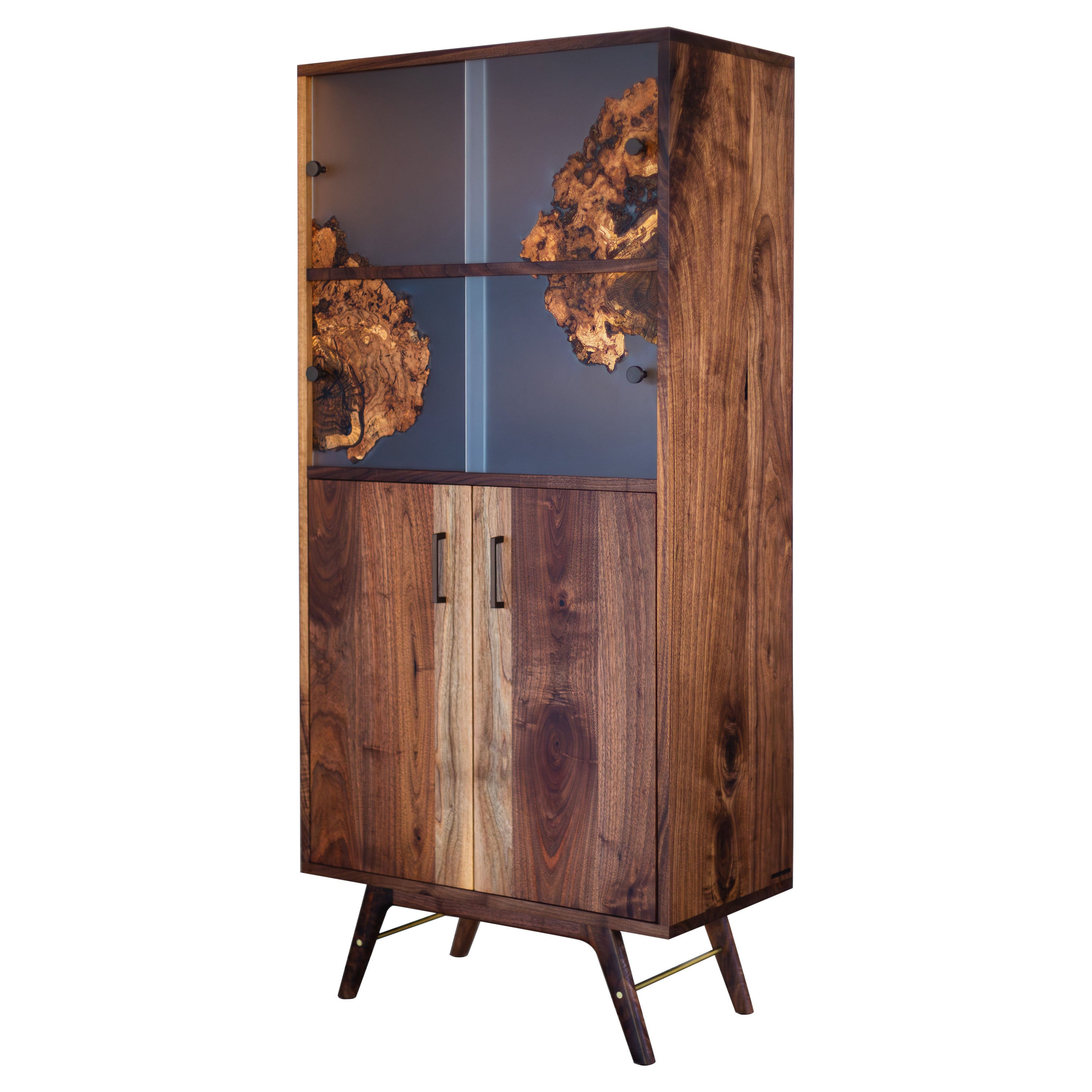 Wise Modern Cabinet with Cast Burl Sliding Panels For Sale