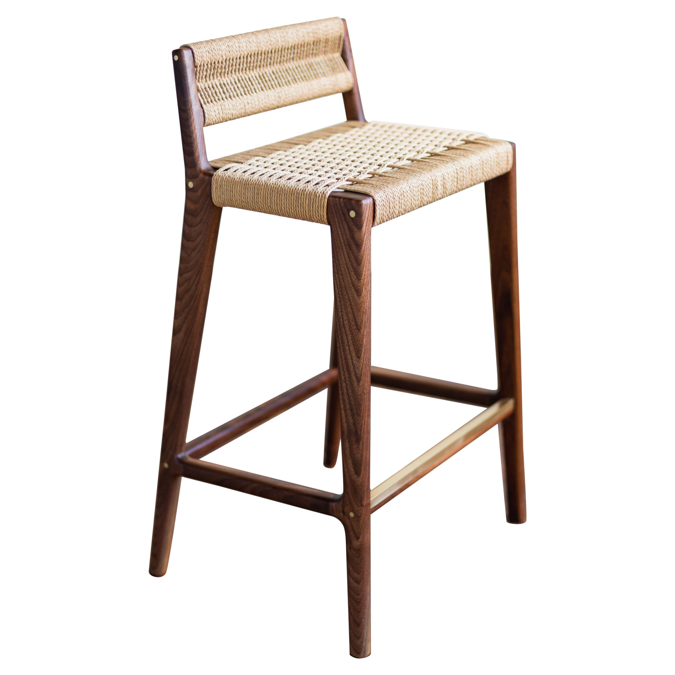 Travis Modern Stool with Woven Shallow Danish Cord Seat and Low Back in Walnut For Sale